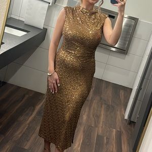 Brown Sequin Embellished Sleeveless Mock Neck Midi Dress